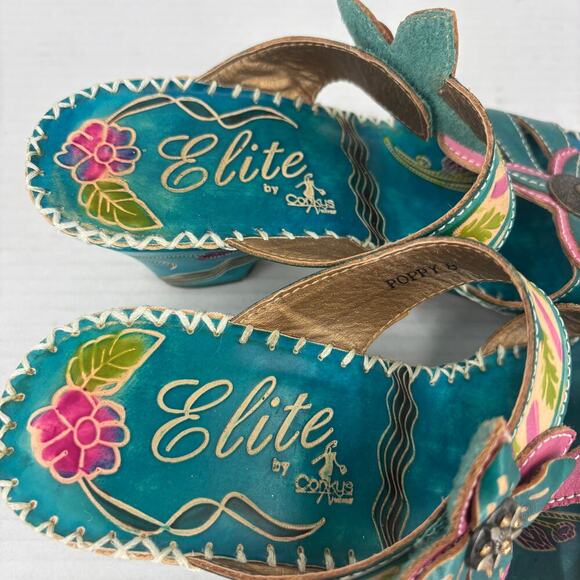 Elite by Corkys Poppy Sandals Womens Size 8 Turquoise Leather Floral Embellished - Picture 9 of 13